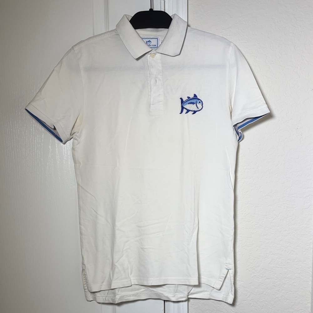 Southern Tide Cream Polo with Blue Fish Emblem